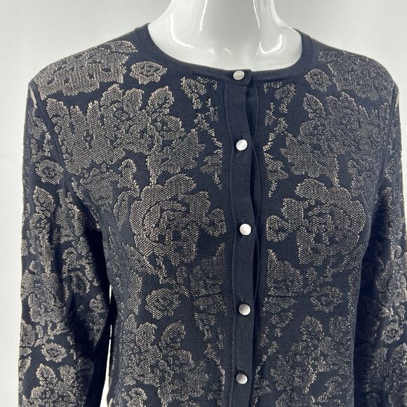 Ann Taylor Black Beige Nude Size L Illusion Floral Button Front Cardigan Sweater - Picture 2 of 6